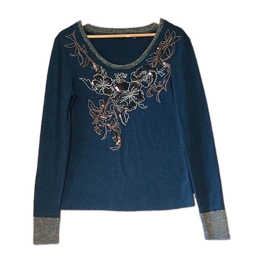 Y2K Miss Me Floral Sequin Embellished Embroiderd Metallic L Teal Sweater Mcbling
